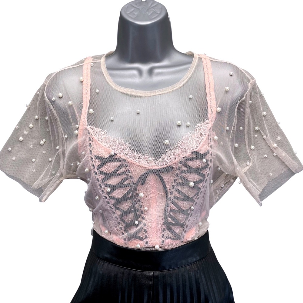 Forever 21 Women Sheer Pearl Mesh Top Medium Coquette SoftGirl Fairycore Y2K